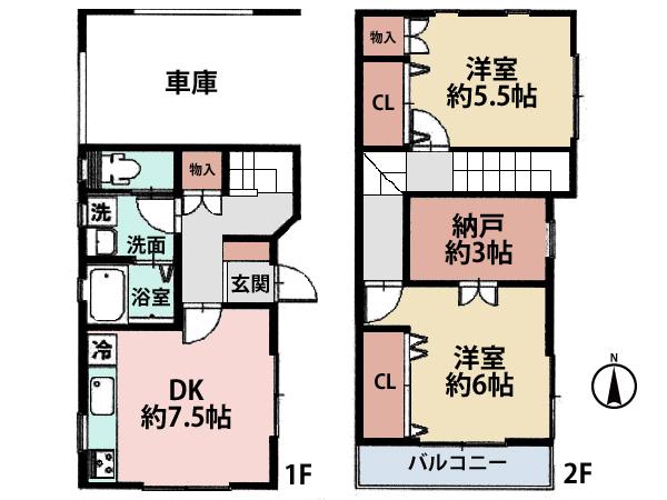 Floor plan. 26,800,000 yen, 2DK + S (storeroom), Land area 75.65 sq m , Building area 69.86 sq m built-in garage and is equipped with loft.