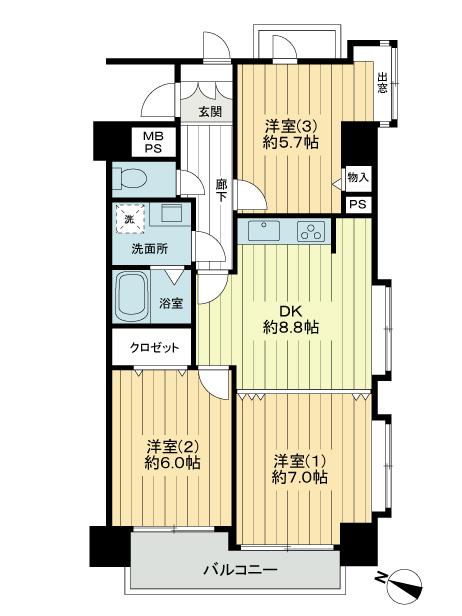 Floor plan. 3DK, Price 26,900,000 yen, Occupied area 61.22 sq m , Balcony area 5.75 sq m