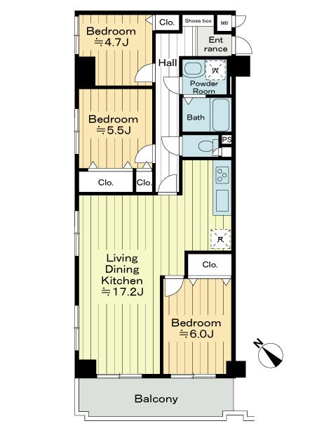 Floor plan. 3LDK, Price 26,980,000 yen, Occupied area 74.48 sq m , Balcony area 8.28 sq m southwest angle room ・ All rooms flooring