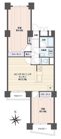 Floor plan. 2LDK, Price 12.8 million yen, Occupied area 61.84 sq m , Balcony area 6.35 sq m