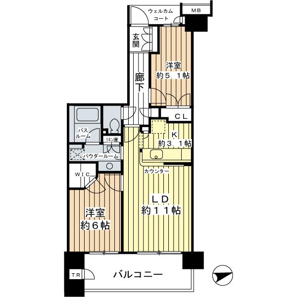 Floor plan. 2LDK, Price 33,800,000 yen, Occupied area 60.09 sq m , Balcony area 11.95 sq m floor plan