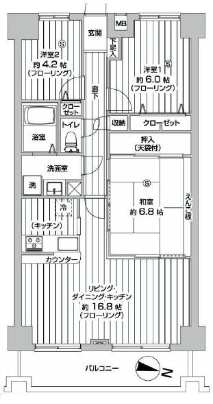 Floor plan. 3LDK, Price 21,800,000 yen, Occupied area 74.34 sq m , Balcony area 9.27 sq m   ■ LDK face-to-face kitchen at about 16.8 Pledge!  [Floor plan]