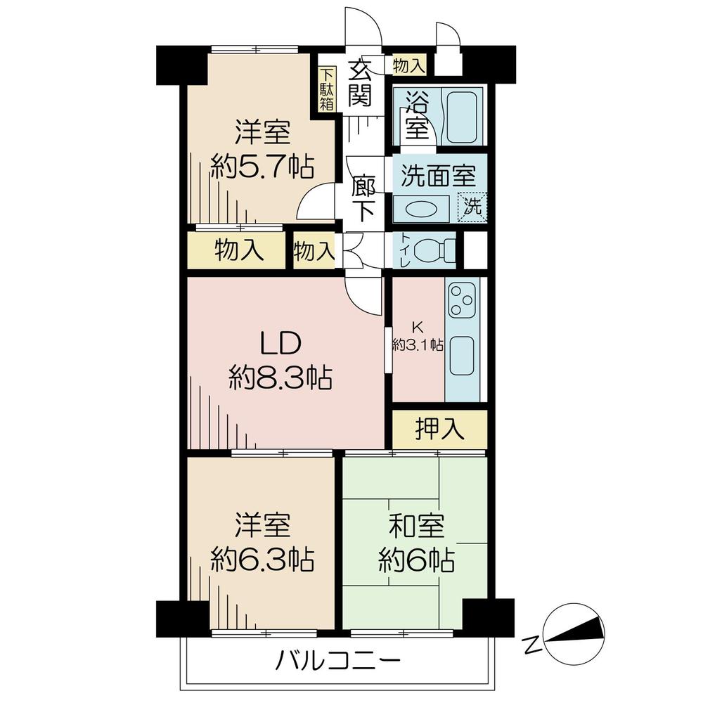 Floor plan. 3LDK, Price 15.8 million yen, Footprint 66 sq m , Balcony area 5.7 sq m
