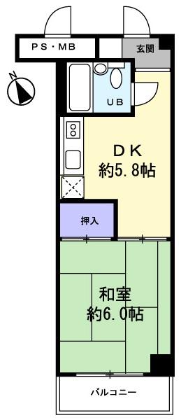 Floor plan. 1DK, Price 5.8 million yen, Footprint 25.8 sq m , Balcony area 3.2 sq m