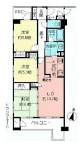 Floor plan. 3LDK, Price 34,300,000 yen, Occupied area 73.85 sq m , Balcony area 12.99 sq m