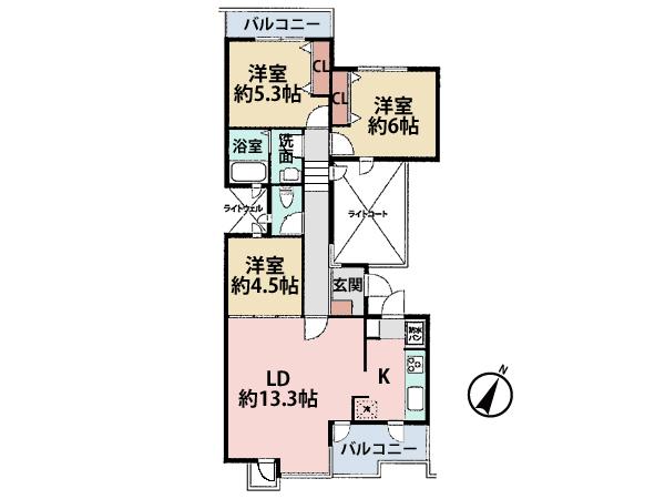 Floor plan. 3LDK, Price 28.8 million yen, Occupied area 73.88 sq m , There is a lighting surface on the balcony area 9.42 sq m All rooms are sunny!