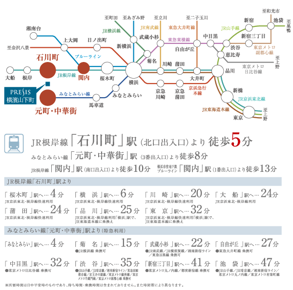Surrounding environment. JR Negishi Line "Ishikawa-cho" station, Minato Mirai Line "Motomachi ・ Chinatown "station, JR Negishi Line "Kannai" station of 3 Station 2 routes available. Convenient multi-access to the main railway station. (Access view)