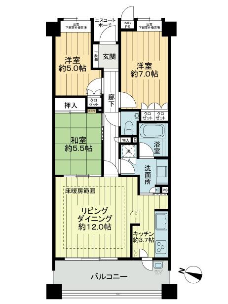 Floor plan. 3LDK, Price 38,500,000 yen, Occupied area 75.28 sq m , Balcony area 12.4 sq m floor plan