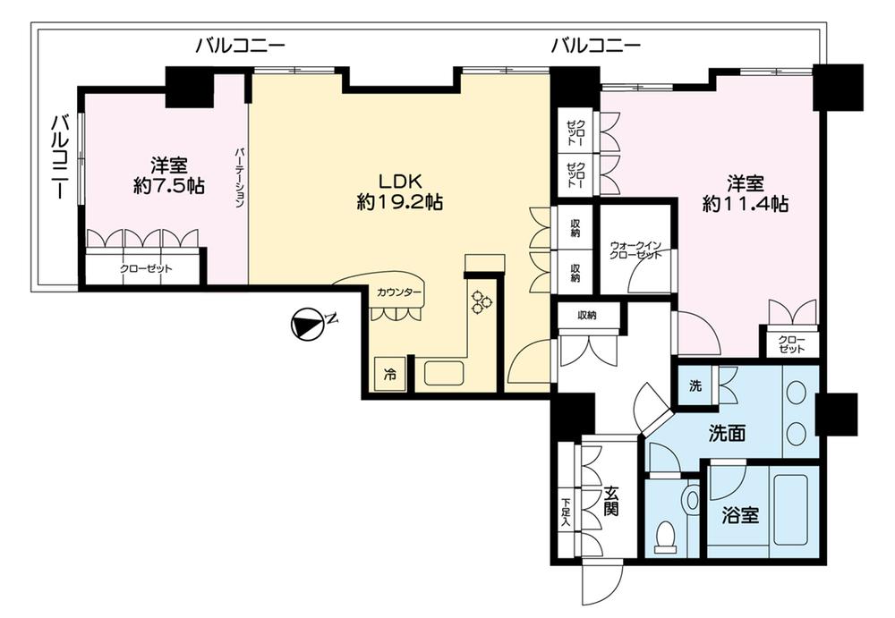 Floor plan. 2LDK, Price 84 million yen, Footprint 90.4 sq m , Southwest angle dwelling units of the balcony area 19.42 sq m 19 floor, 90 sq m more than 2LDK + WIC franc, Any room you can come out to the balcony from in a two-sided balcony adoption.