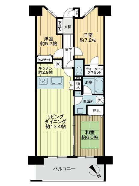 Floor plan. 3LDK, Price 42,800,000 yen, Occupied area 74.27 sq m , Balcony area 12 sq m 3LDK + WIC