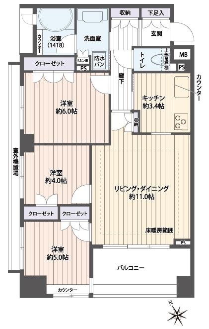 Floor plan. 3LDK, Price 35,800,000 yen, Occupied area 66.03 sq m , Balcony area 7.22 sq m