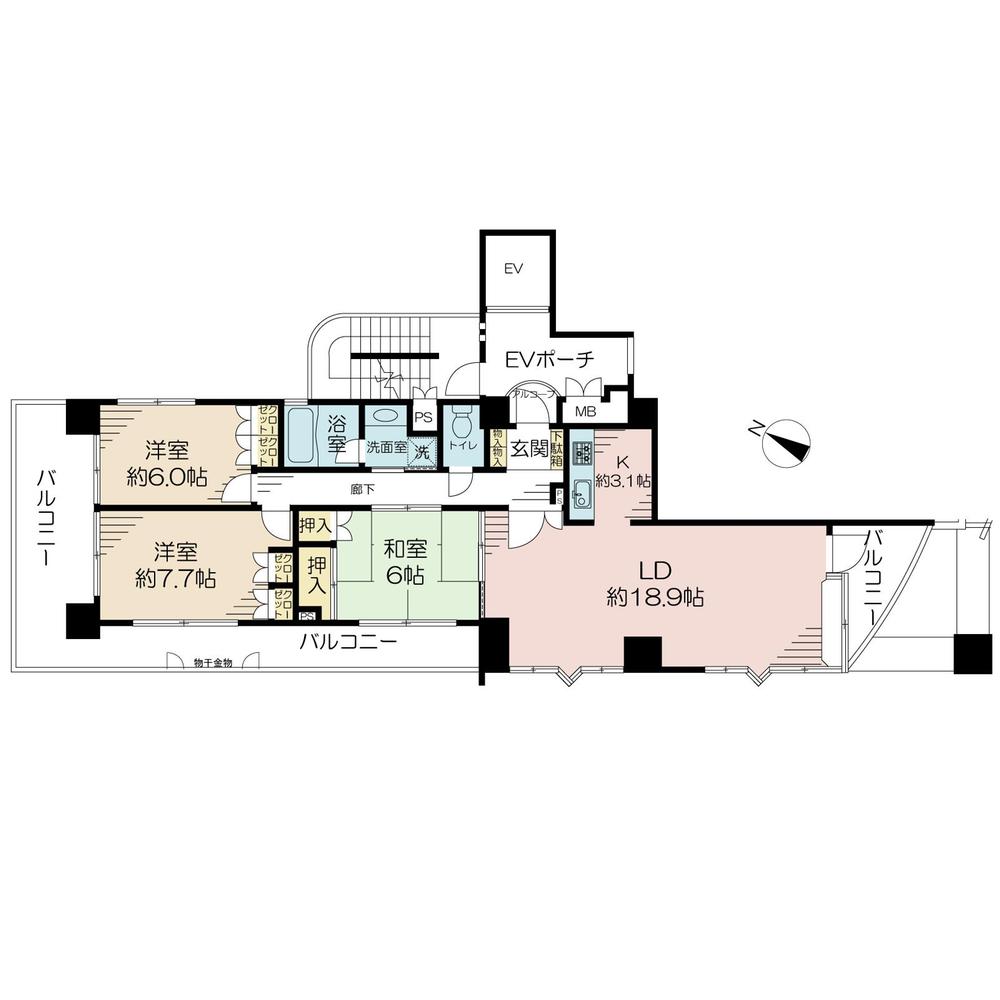 Floor plan. 3LDK, Price 22,900,000 yen, Occupied area 90.45 sq m , Balcony area 28.75 sq m