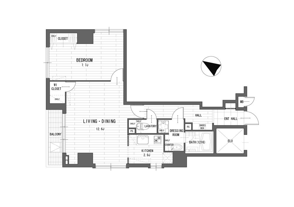 Floor plan. 1LDK, Price 31,800,000 yen, Occupied area 56.61 sq m , Balcony area 3.5 sq m