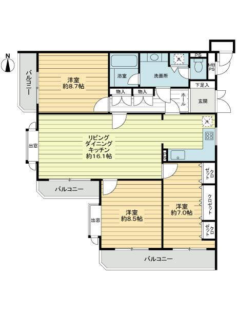 Floor plan. 3LDK, Price 43,800,000 yen, The area occupied 100.9 sq m , Balcony area 16.52 sq m floor plan