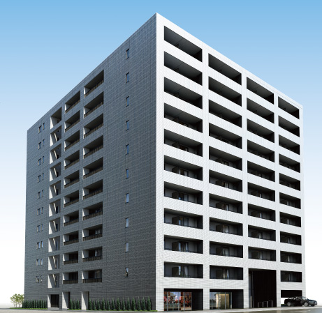Buildings and facilities. Clad in a style against the background of the sky of Yokohama, Square form. And the white and black of the stylish facade in dignified square form, Three tiles having a shape geometrically arranged facade, Residence two face noticeable. Responsible for the future of this town, It is the appearance of stately. (Exterior view)