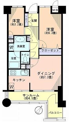 Floor plan. 2DK, Price 19.5 million yen, Occupied area 55.73 sq m , Balcony area 3.18 sq m