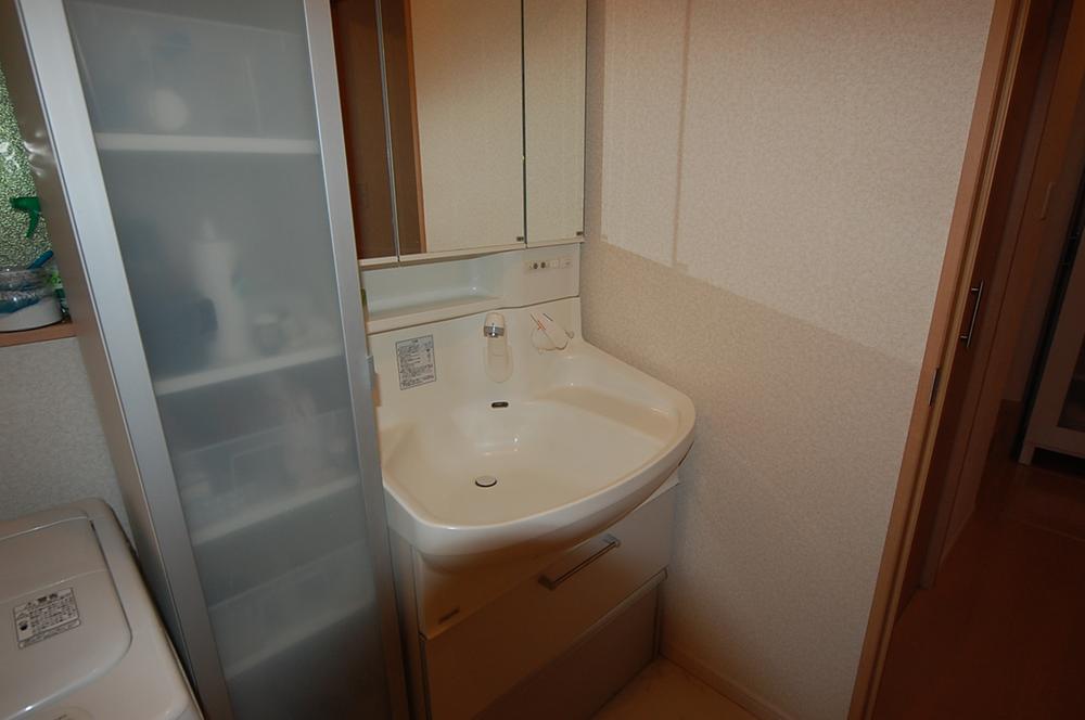 Wash basin, toilet. Basin is a vanity with a three-sided mirror.