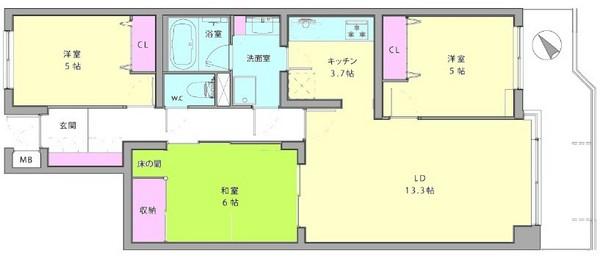 Floor plan. 3LDK, Price 31,800,000 yen, Occupied area 77.71 sq m , Balcony area 9.75 sq m floor plan