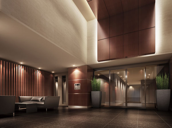 Features of the building.  [Entrance hall] Elegance and a feeling of opening two-tier atrium entrance hall. In full of sense of openness production, To gently welcome visitors. In addition to the chic materials such as natural stone and tile, Effectively arranged indirect lighting, It also becomes a space of rest that give a sense of security for those who live. (Rendering)