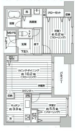 Floor plan. 2LDK, Price 28.8 million yen, Occupied area 59.58 sq m , Balcony area 6.63 sq m floor plan