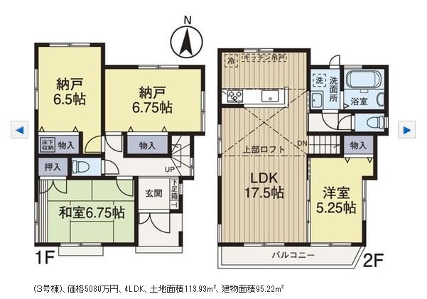 Floor plan. (3), Price 50,800,000 yen, 3LDK+S, Land area 113.94 sq m , Building area 95.22 sq m