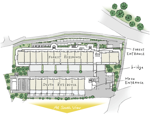 Features of the building.  [Site layout conceptual diagram] Zenteiminami facing 139 House, Two buildings structure to be built on top of the hill.