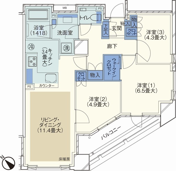 M type (3LDK + WIC) planned price / 63,398,000 yen (1113 Room No.) footprint / 69.77 sq m balcony area / 8.22 sq m WIC = walk-in closet