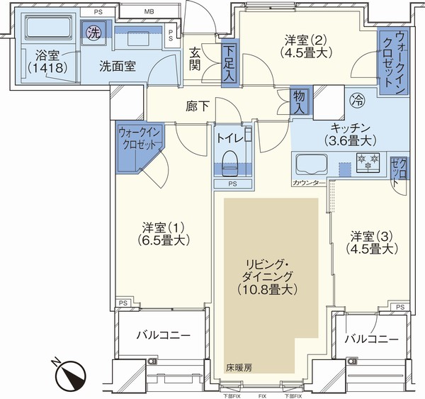 L type (3LDK + 2WIC) planned price / 57,432,000 yen (1012 Room No.) ・ 59,386,000 yen (1312 Room No.) footprint / 69.76 sq m balcony area / 8.30 sq m