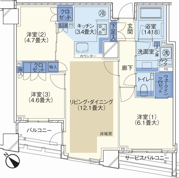 J type (3LDK + WIC) planned price / 54,664,000 yen (810 Room No.) ・ 56,413,000 yen (1310 Room No.) footprint / 68.33 sq m balcony area / 4.47 sq m service balcony area / 3.52 sq m