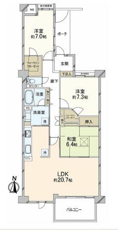 Floor plan. 2LDK, Price 42,900,000 yen, Occupied area 95.39 sq m , Balcony area 8.1 sq m sun per well each room 6 quires more