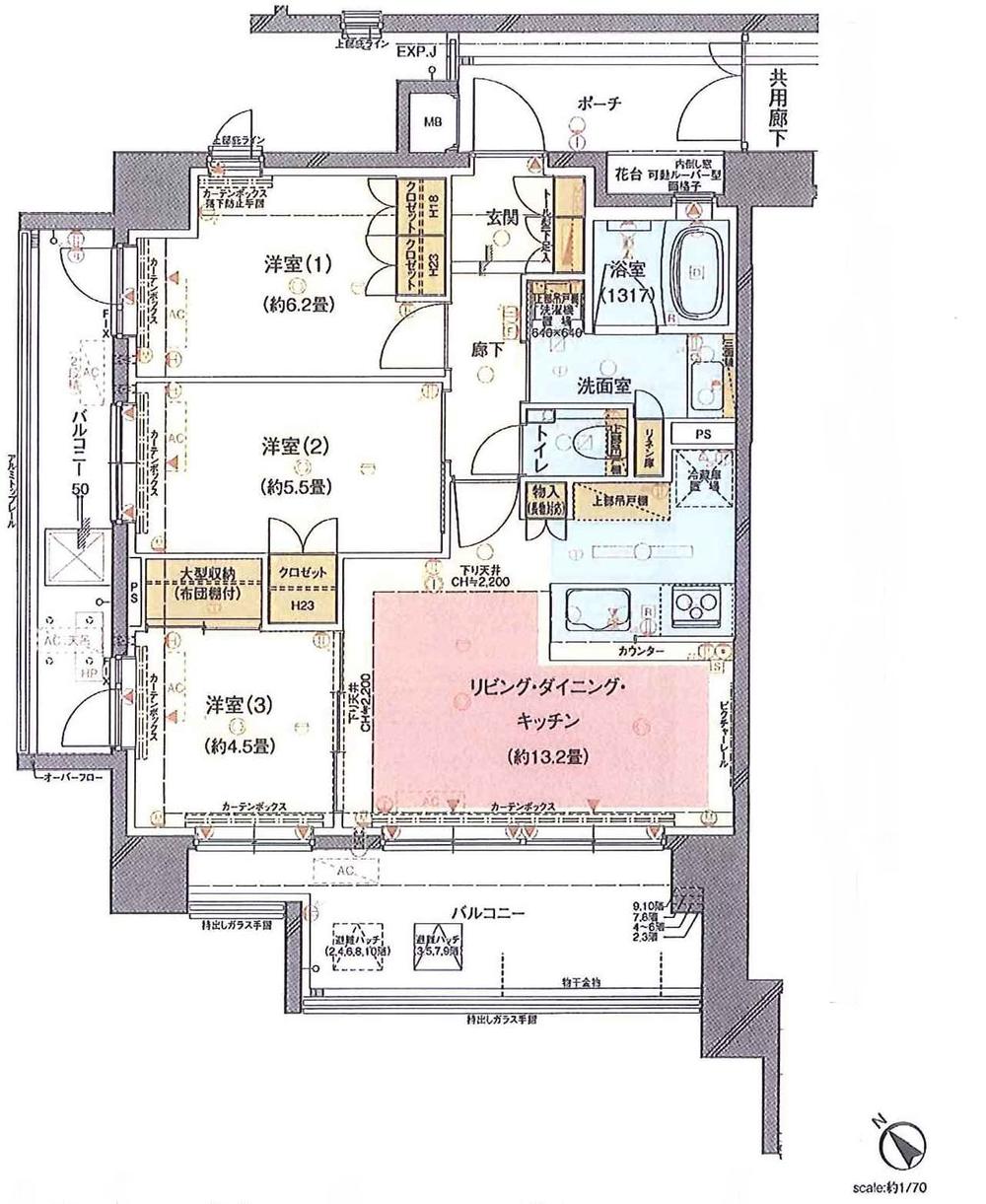 Floor plan. 2LDK, Price 32,800,000 yen, Occupied area 65.07 sq m , Balcony area 20.4 sq m 2 surface wide balcony, Day is a good room in the corner room. (Floor plan)