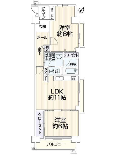 Floor plan. 2LDK, Price 24,800,000 yen, Occupied area 64.55 sq m , Balcony area 5.36 sq m