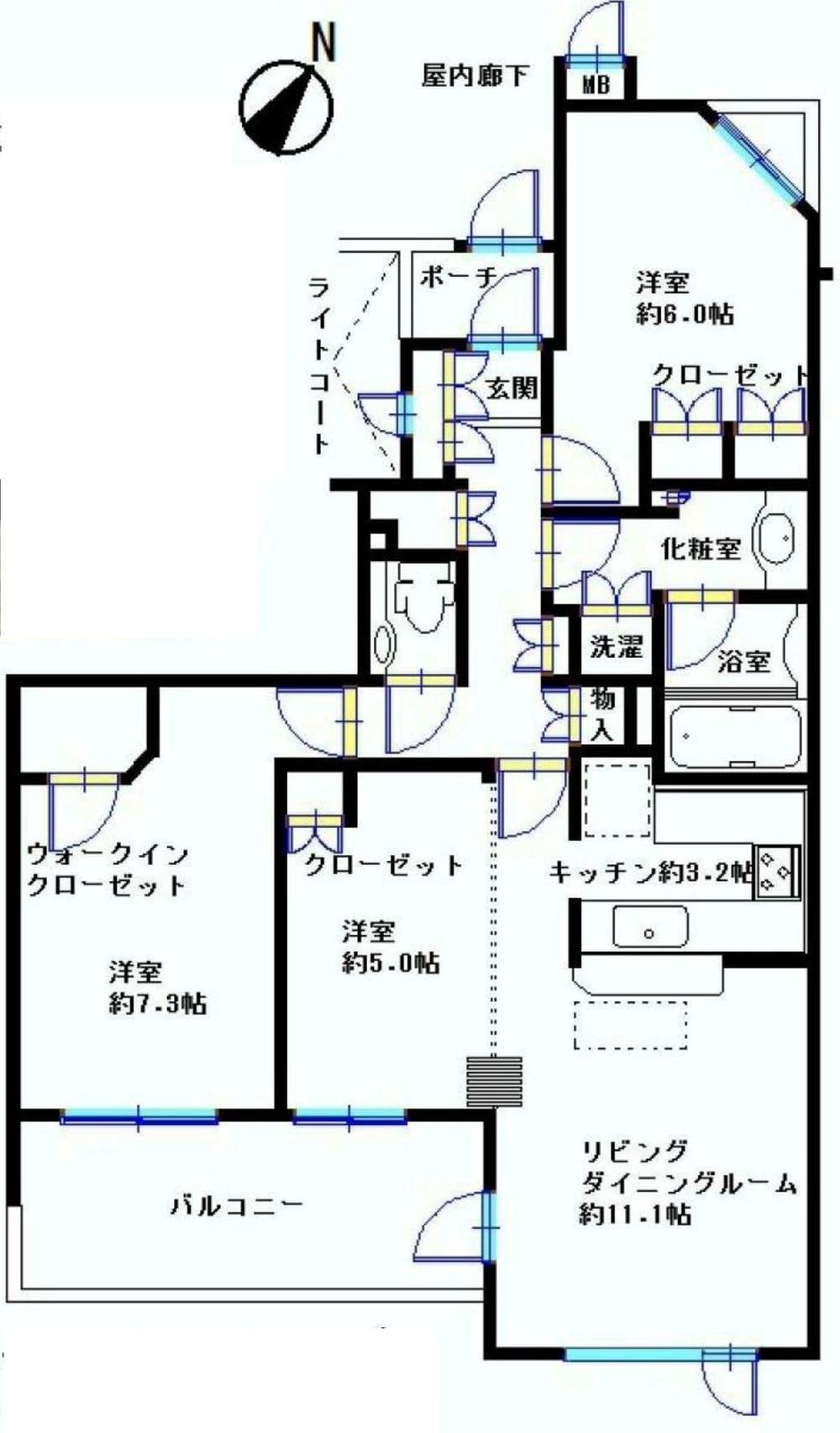 Floor plan. 3LDK, Price 59,500,000 yen, Occupied area 75.77 sq m , Balcony area 10.3 sq m south-facing balcony