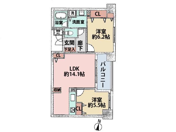 Floor plan. 2LDK, Price 29,800,000 yen, Occupied area 59.58 sq m , Balcony area 6.63 sq m LD with under-floor heating! Becomes warm from the ground not pollute the air.
