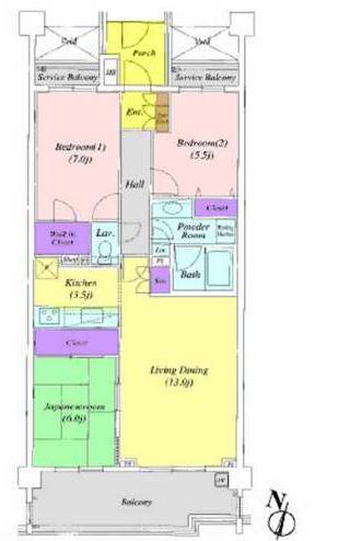 Floor plan. 3LDK, Price 35,800,000 yen, Occupied area 77.76 sq m , 3LDK of balcony area 12.32 sq m southwest