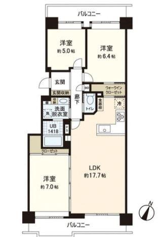 Floor plan. 3LDK, Price 39,800,000 yen, Occupied area 77.91 sq m , Balcony area 17.11 sq m