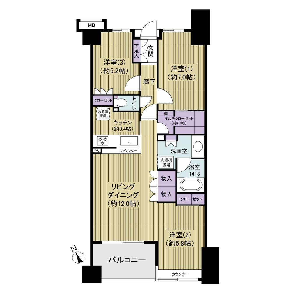 Floor plan. 3LDK, Price 37,800,000 yen, Footprint 76.1 sq m , Balcony area 6.84 sq m