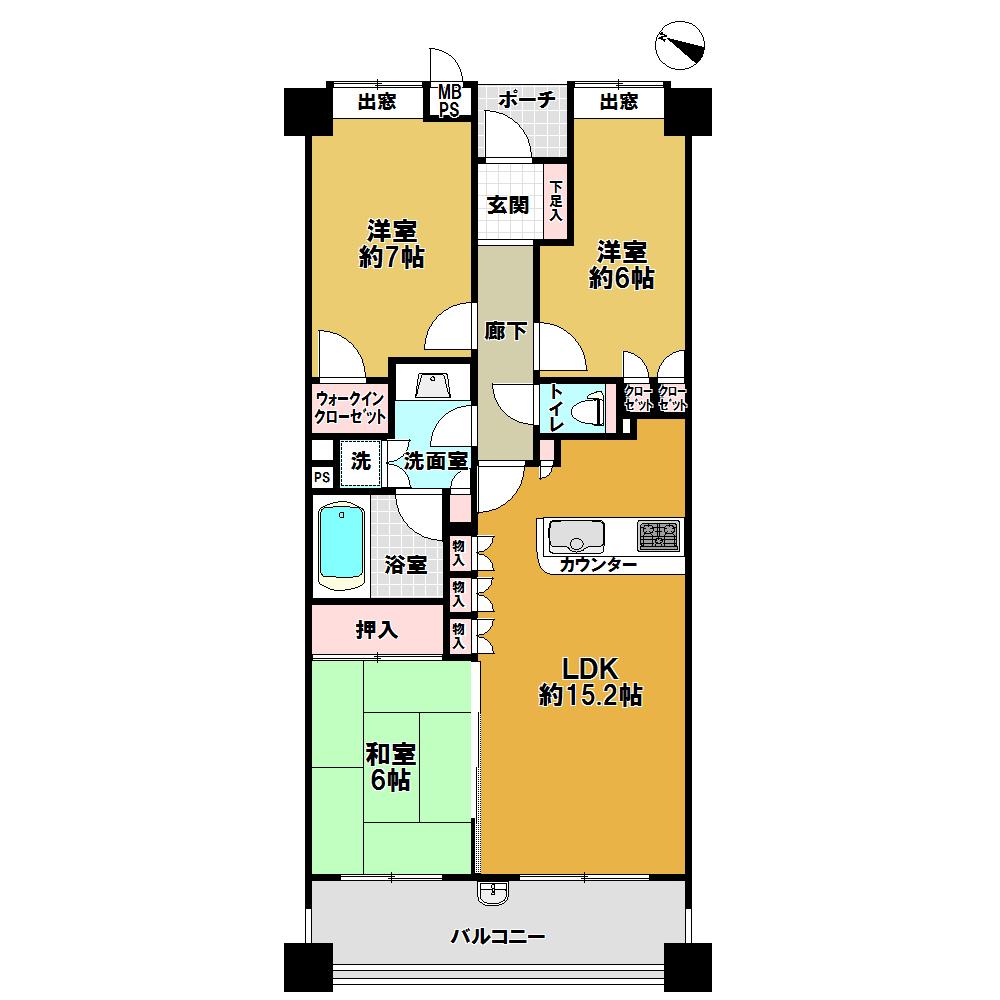 Floor plan. 3LDK, Price 39,800,000 yen, Occupied area 75.28 sq m , Balcony area 11.26 sq m
