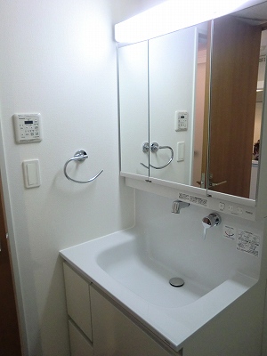 Washroom. Shower-type wash basin, Storage is abundant. 