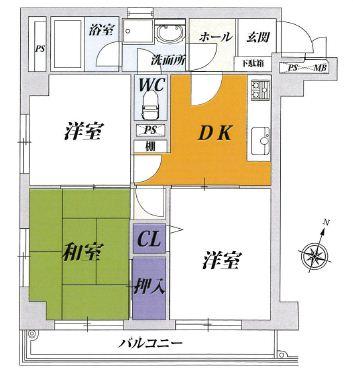 Floor plan. 3DK, Price 12.8 million yen, Occupied area 49.66 sq m , It is taken between good balcony area 5.98 sq m trains