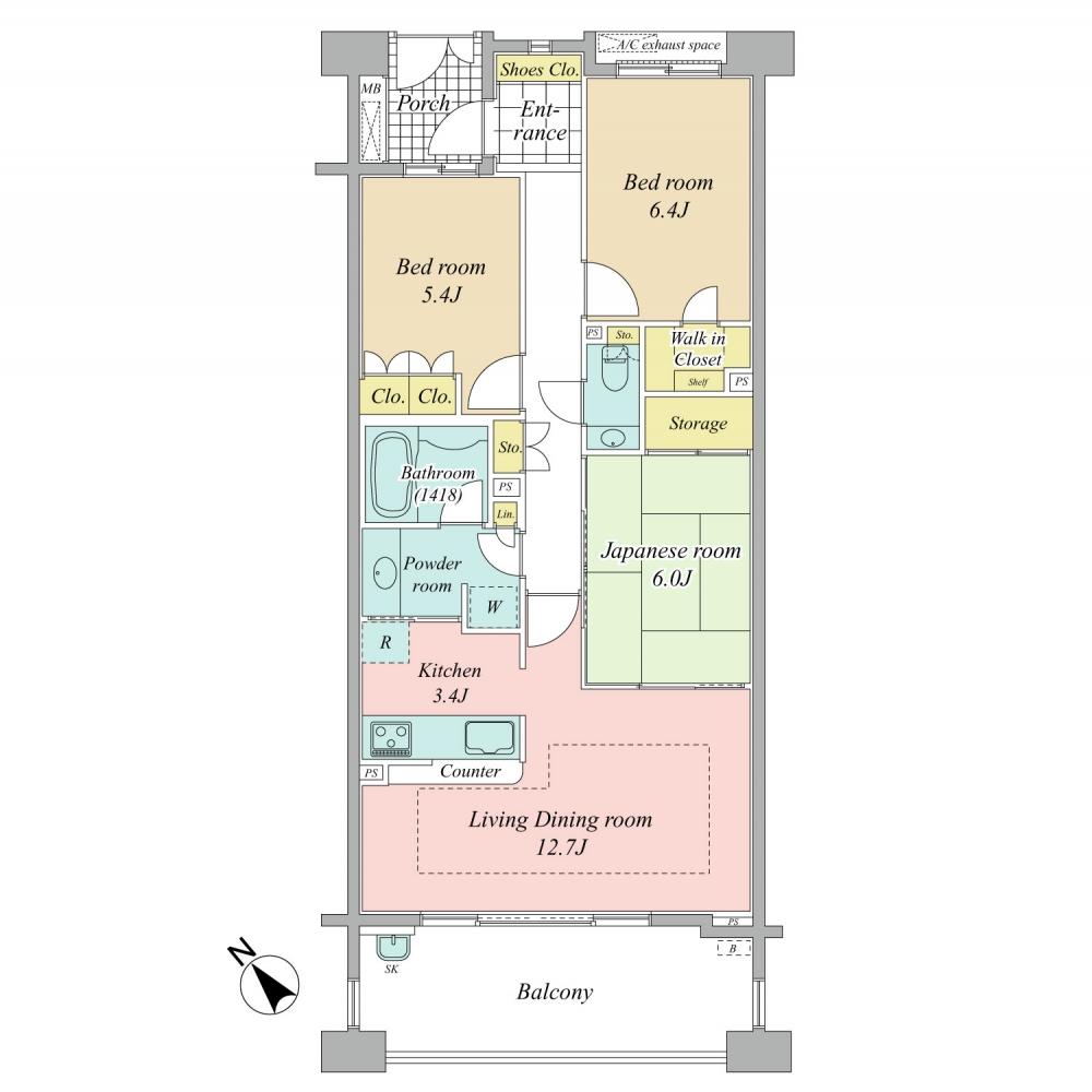 Floor plan. 3LDK, Price 64,800,000 yen, Occupied area 78.87 sq m , Balcony area 12.81 sq m