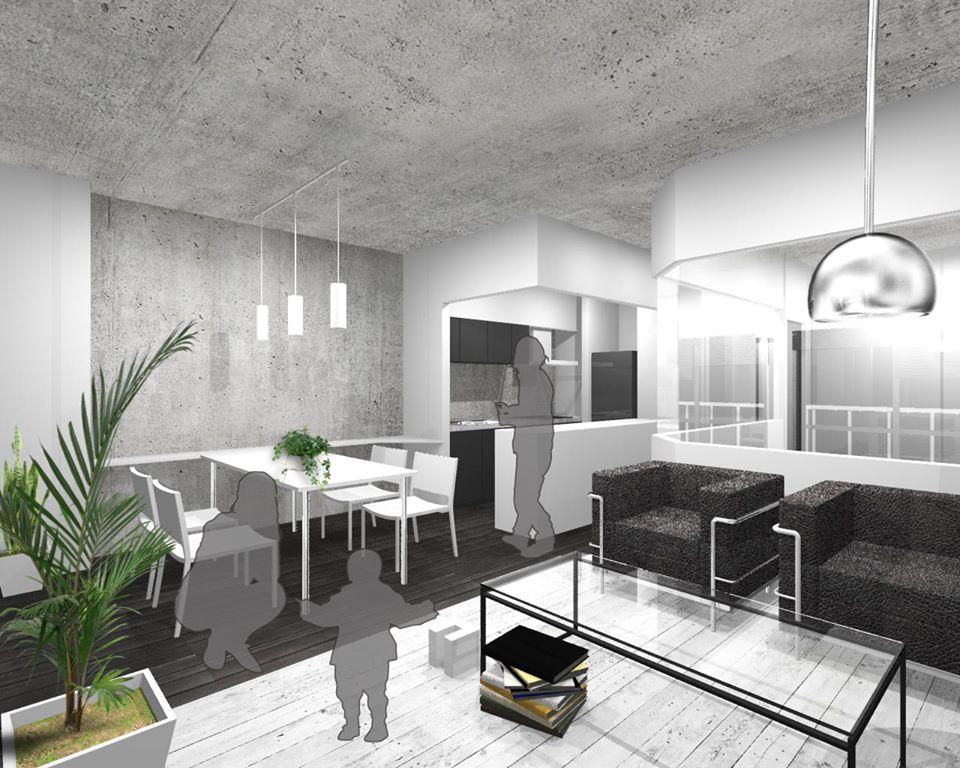 Rendering (introspection). Flooring of dark brown close to black as possible with the bare concrete wall. In addition to stylish and be in some white flooring.