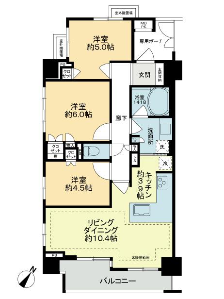 Floor plan. 3LDK, Price 34,800,000 yen, Occupied area 68.28 sq m , Balcony area 6.87 sq m