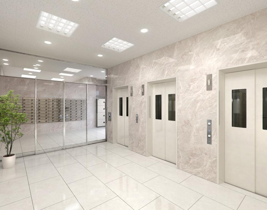 Rendering (appearance). Entrance Hall Rendering Entrance hall renovation. First floor entrance with large disaster prevention equipment in the back, "disaster prevention stockpile warehouse" is also newly established.