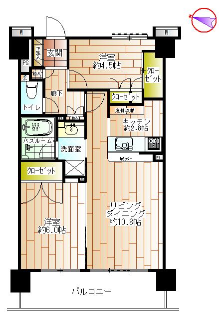Floor plan. 2LDK, Price 39 million yen, Occupied area 55.51 sq m , Balcony area 9.08 sq m