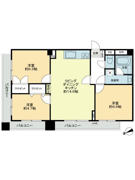 Floor plan. 3LDK, Price 34,800,000 yen, Occupied area 75.49 sq m , Balcony area 8 sq m