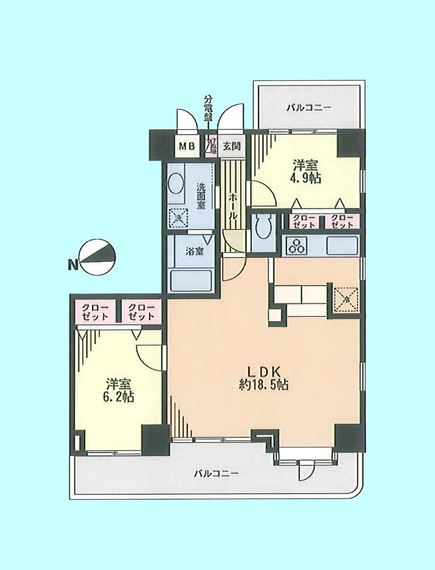 Floor plan. 2LDK, Price 34,500,000 yen, Occupied area 65.32 sq m , Balcony area 15.22 sq m