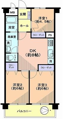 Floor plan. 3DK, Price 14.8 million yen, Occupied area 53.55 sq m , Balcony area 6.16 sq m