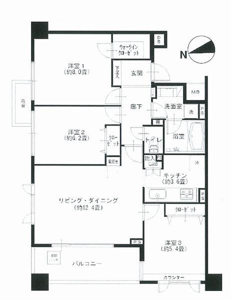 Floor plan. 3LDK, Price 37,900,000 yen, Occupied area 78.57 sq m , Balcony area 8.58 sq m