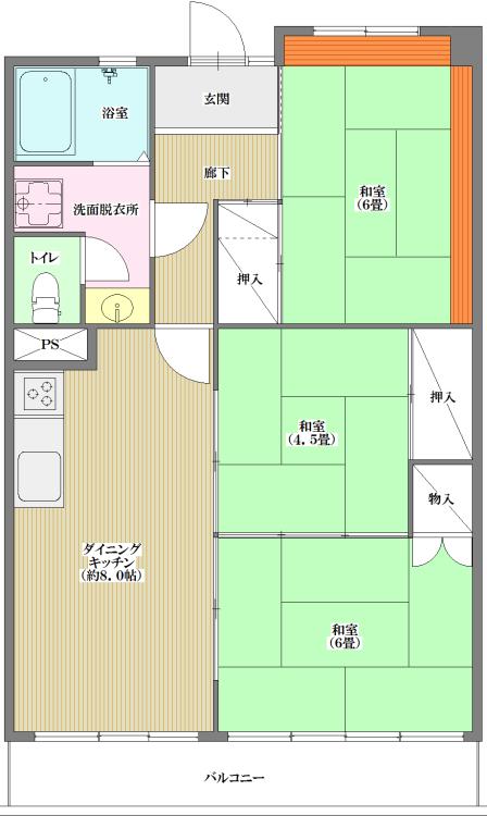 Floor plan. 3DK, Price 11.5 million yen, Occupied area 63.27 sq m , Balcony area 9.6 sq m